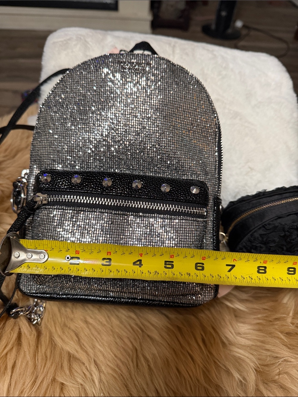 Victoria's Secret Black Studded Glitter Backpack & Black Rosette Makeup Bag NWT - Picture 8 of 9
